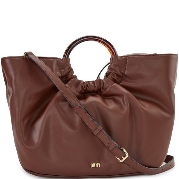 DKNY Brown Vegan Leather Hobo Slouchy Tortoise Handle Bag Long Crossbody Strap - Picture 2 of 8